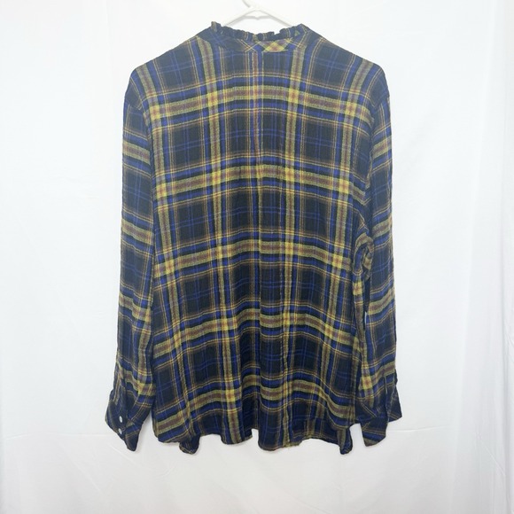 J Jill XL Crinkle Plaid Blouse Ruffle Neck Mandarin Collar Button Front - Picture 4 of 11